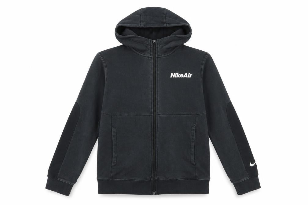 Front view of Nike boys’ black hooded basic jacket, size L, - perfect for autumn