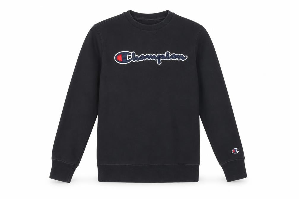 Front view of Champion boys’ black pullover logo sweatshirt l