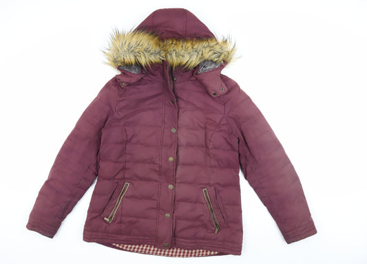 FatFace Women's Red Puffer Jacket Size 14 Fur Hood