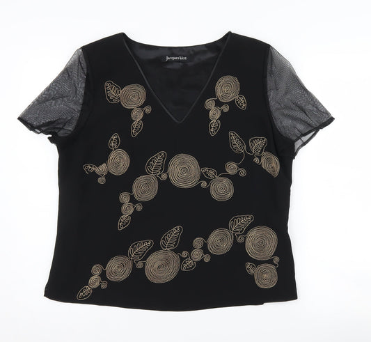 Jacques Vert Women's Black Embroidered V-Neck Blouse Size 16