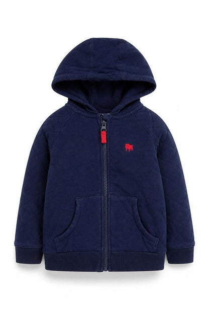 Front view of Junior J boys’ blue full zip hoodie 2-3 years, logo accent