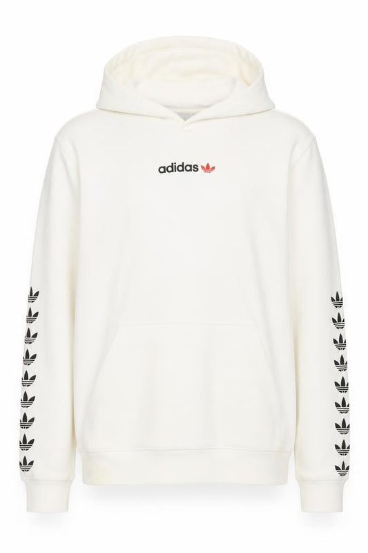 Front view of Adidas boys’' ivory logo pullover hoodie, size 16, casual style