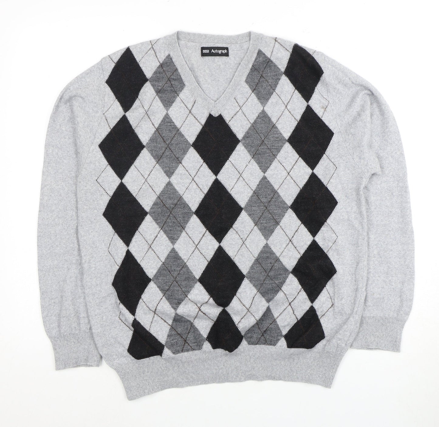 Marks and Spencer Men’s Grey Argyle V-Neck Jumper M