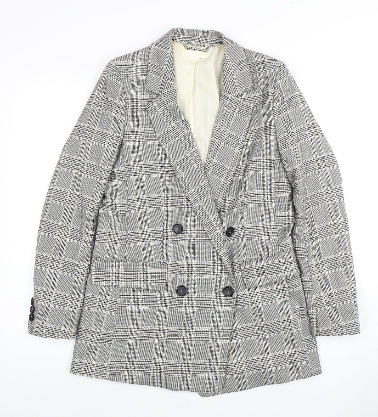 H&M Women's Grey Plaid Double-Breasted Blazer - Size 8