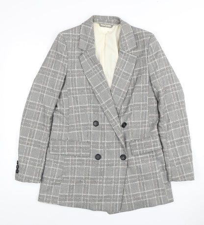 H&M Women's Grey Plaid Double-Breasted Blazer - Size 8