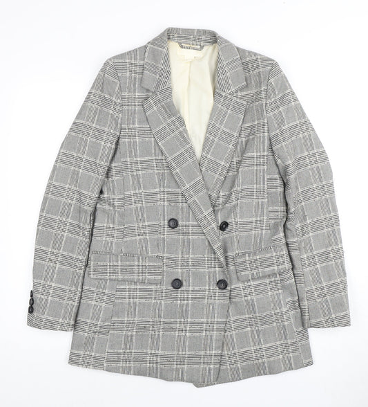 H&M Women's Grey Plaid Double-Breasted Blazer - Size 8