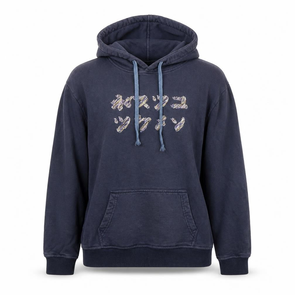 Front view of unisex blue pullover hoodie, large, casual style