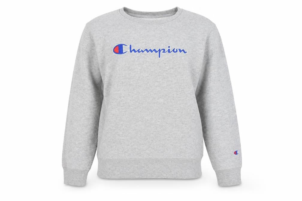 Front view of Champion unisex grey crew neck sweatshirt l