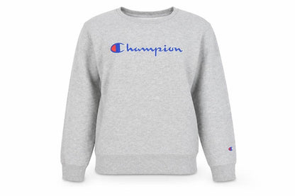 Front view of Champion unisex grey crew neck sweatshirt l