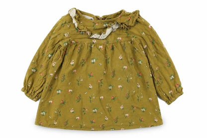 Front view of Next girls’ green floral tunic blouse, 2-3 years, ruffle accented