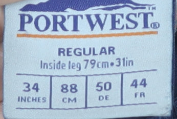 Portwest Men's Blue Regular Fit Trousers, Size 34