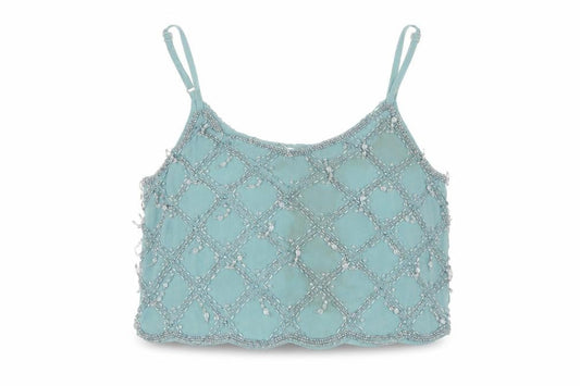 Front view of Miss Selfridge women’s blue beaded camisole top uk 6
