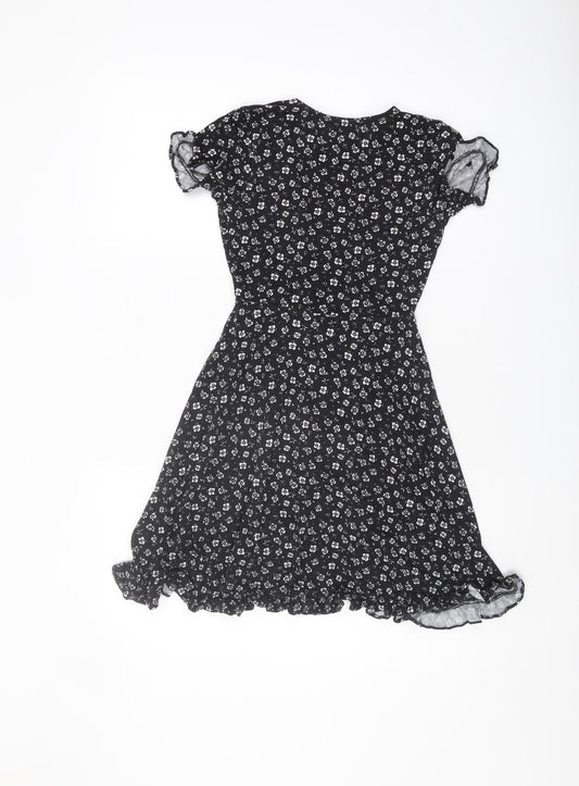 Pull&Bear Women's Black Floral Wrap Dress XS
