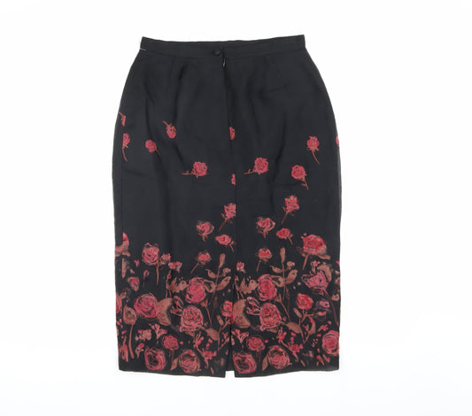 Laura Ashley Women's Black Floral Silk Pencil Skirt Size 10
