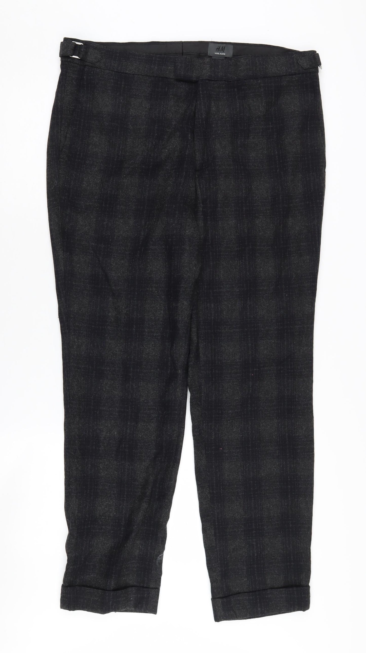 H&M Men's Black Plaid Wool-Blend Trousers L