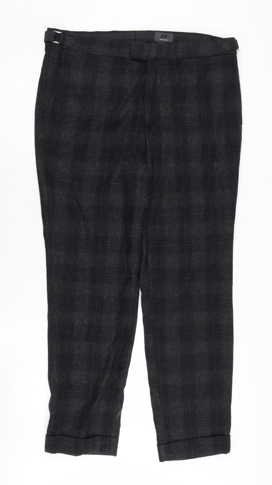 H&M Men's Black Plaid Wool-Blend Trousers L
