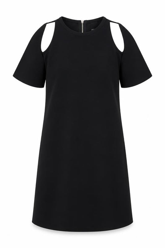 Front view of Izabel London Black Cold Shoulder Dress, size 12, Short Sleeve