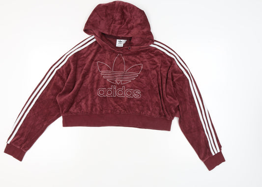 Adidas Women's Red Velour Hoodie Size 14 Logo Accents