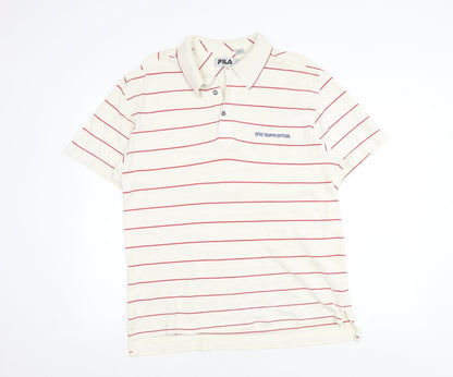FILA Men's White Striped Polo Shirt Size M
