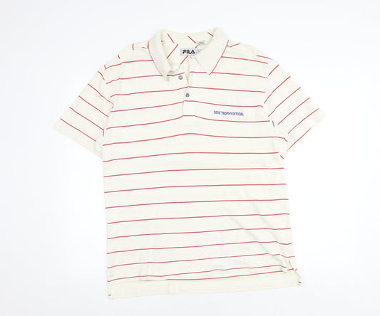 FILA Men's White Striped Polo Shirt Size M