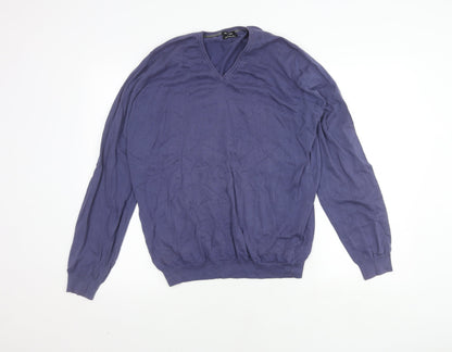 Massimo Dutti Men's Blue V-Neck Cotton Pullover Size L