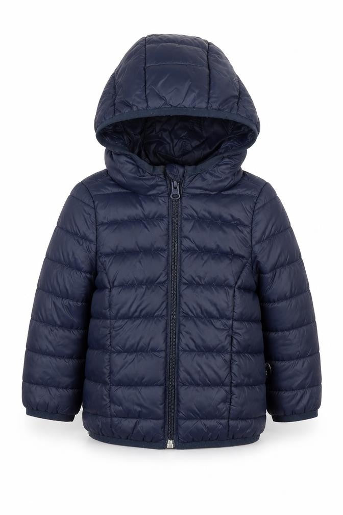 Front view of Benetton boys’ blue puffer jacket 1 year winter hooded