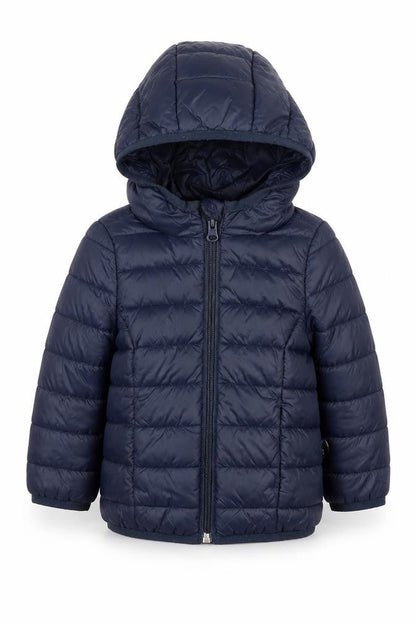 Front view of Benetton boys’ blue puffer jacket 1 year winter hooded
