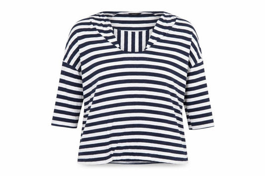 Front view of Roman Women’s Blue Striped V-Neck Top, size UK 12