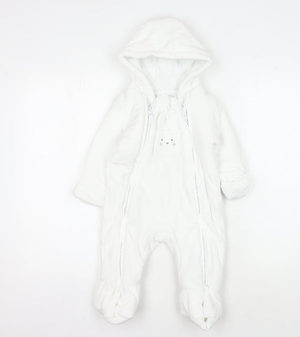 Front view of Marks & Spencer White unisex babygrow, 9-12 months, hooded