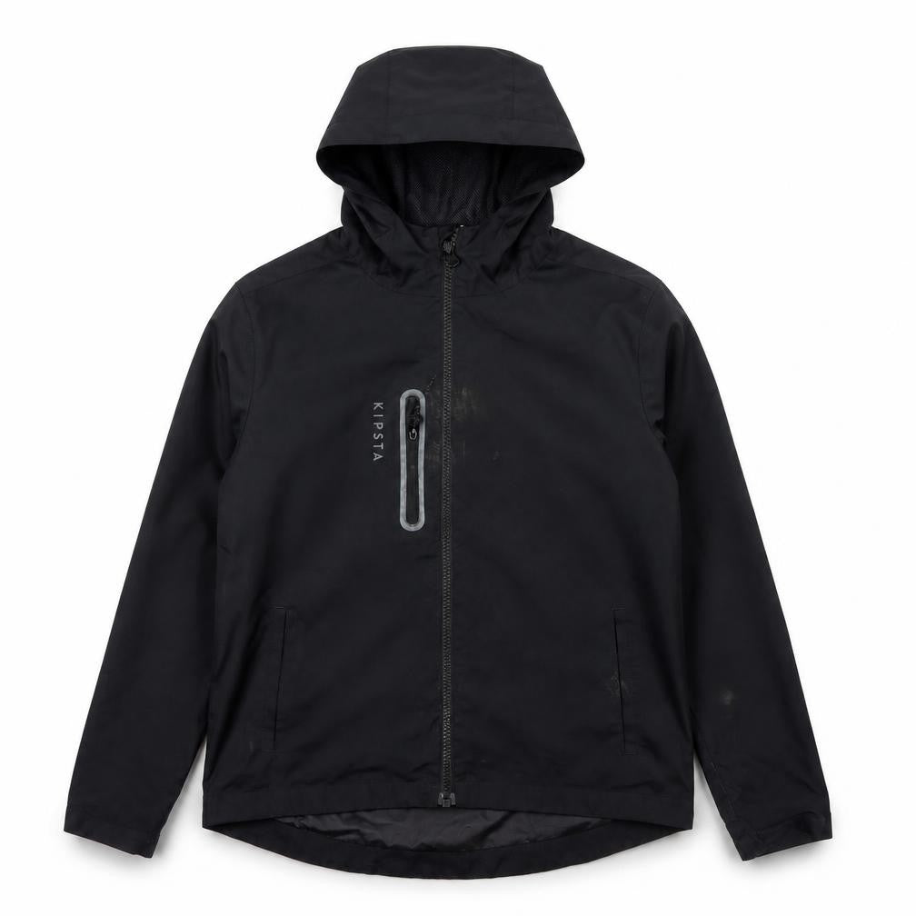 Front view of Kipsta boys’' black polyester hooded jacket, size 10, years