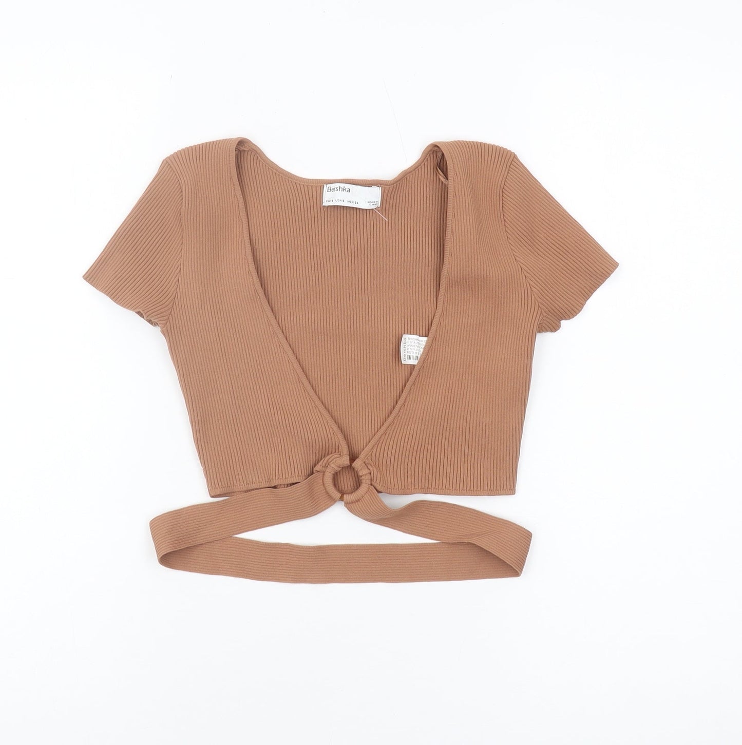 Bershka Women's Brown Cropped V-Neck Top - Size 2