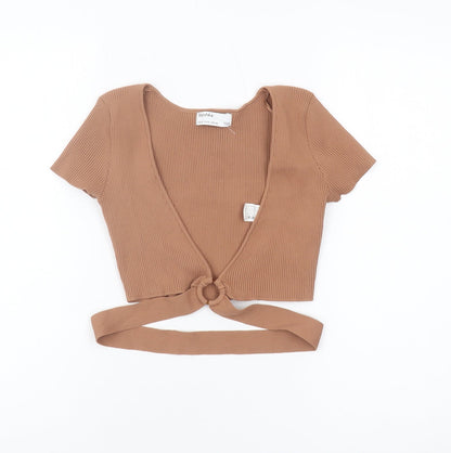 Bershka Women's Brown Cropped V-Neck Top - Size 2