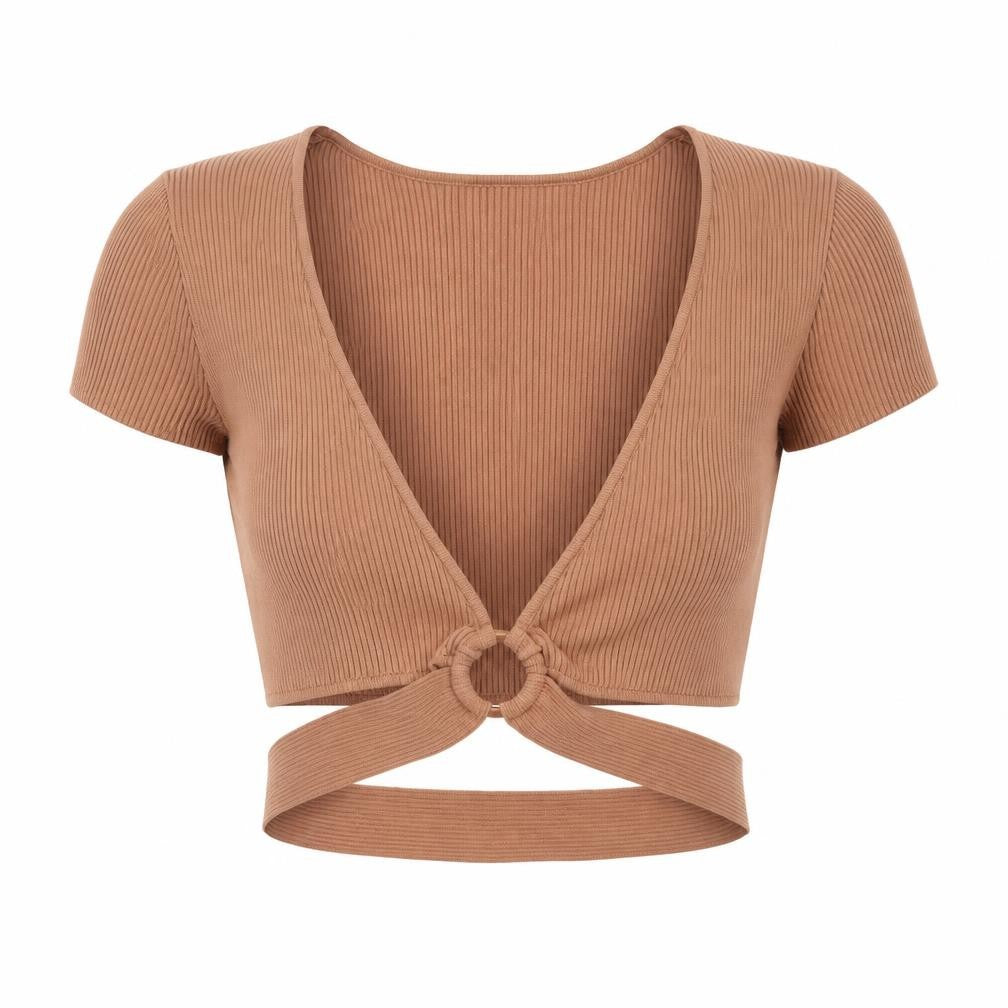 Womens UK Size 2 Bershka Brown Cropped Blouse