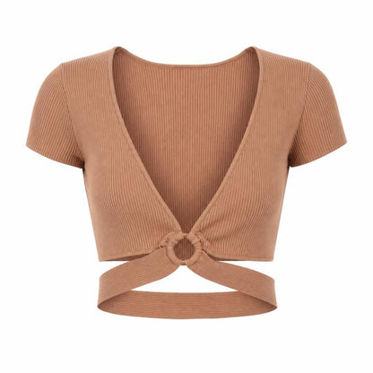 Womens UK Size 2 Bershka Brown Cropped Blouse