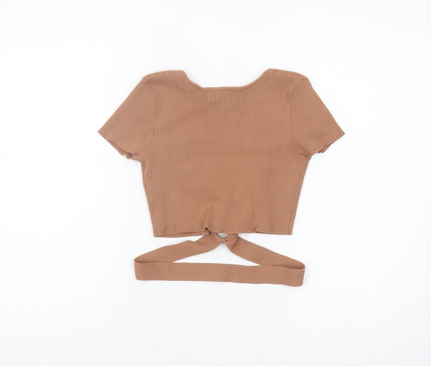 Bershka Women's Brown Cropped V-Neck Top - Size 2