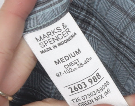 Marks and Spencer Men's Green Plaid Casual Shirt M