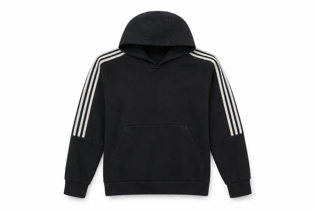 Front view of Adidas boys’ black hoodie, 13-14 years, striped pullover