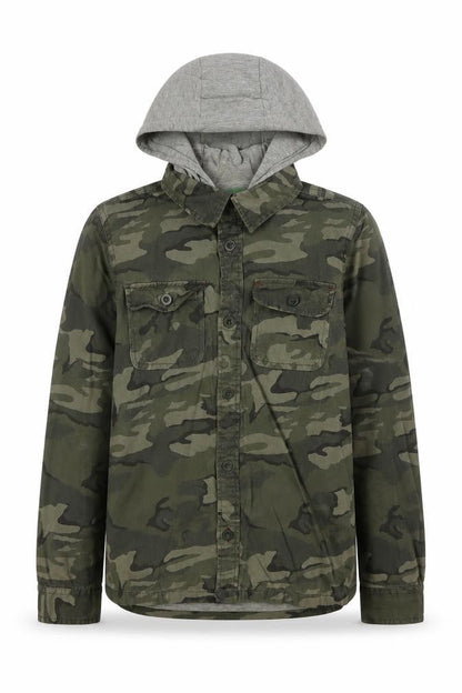 Front view of Mountain Warehouse boys’' camo hoodie jacket 11-12y