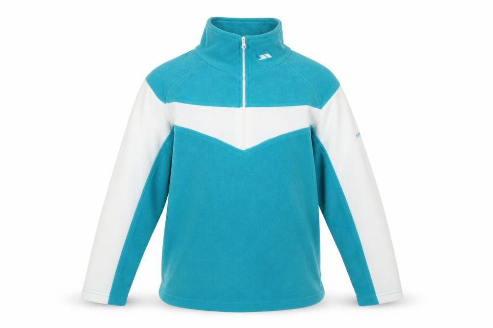 Front view of Trespass unisex kids blue zip fleece sweatshirt, size L