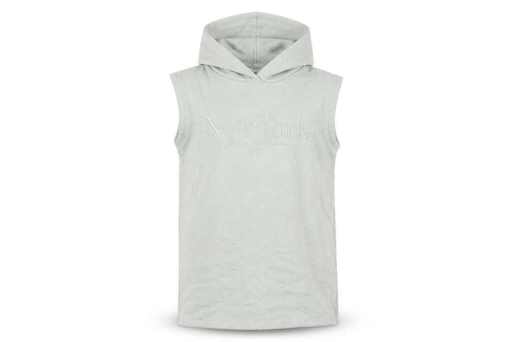Front view of Candy Couture boys’ grey sleeveless hoodie age 9