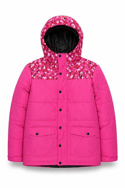 Front view of Dare 2b girls’ pink hooded puffer jacket 13 years