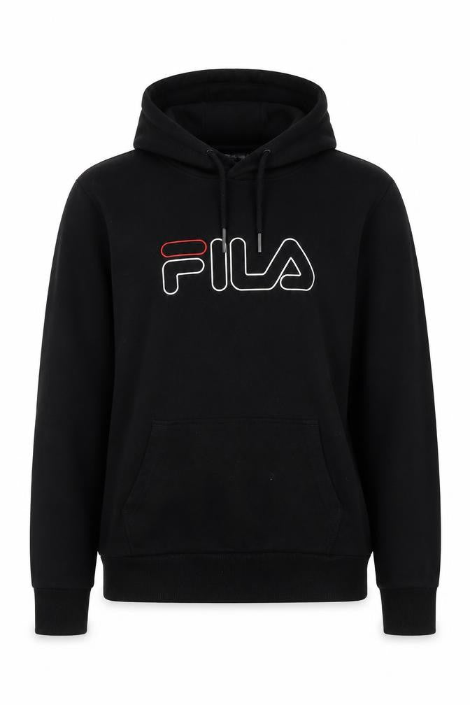 Front view of Fila unisex black pullover hoodie -, size S, - logo accents