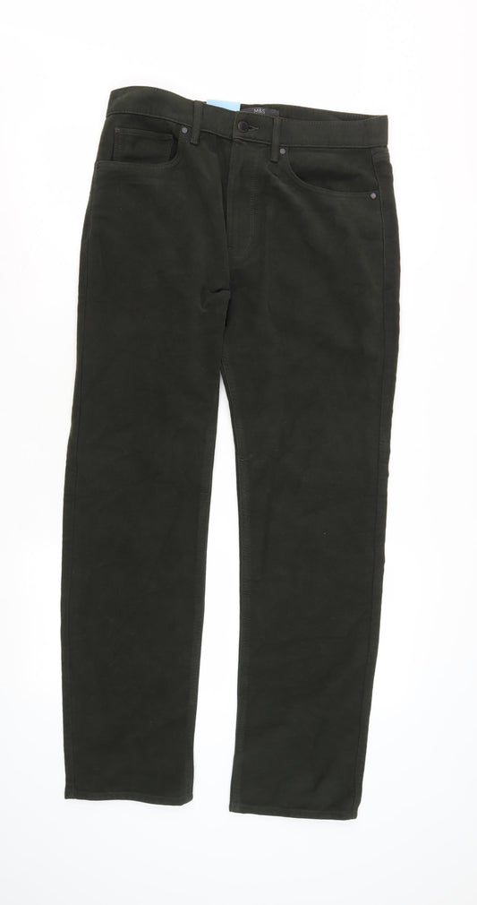 Marks and Spencer Men's Green Regular Fit Trousers