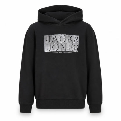 Front view of Jack & Jones boys’ black hoodie 12 years pullover fleece
