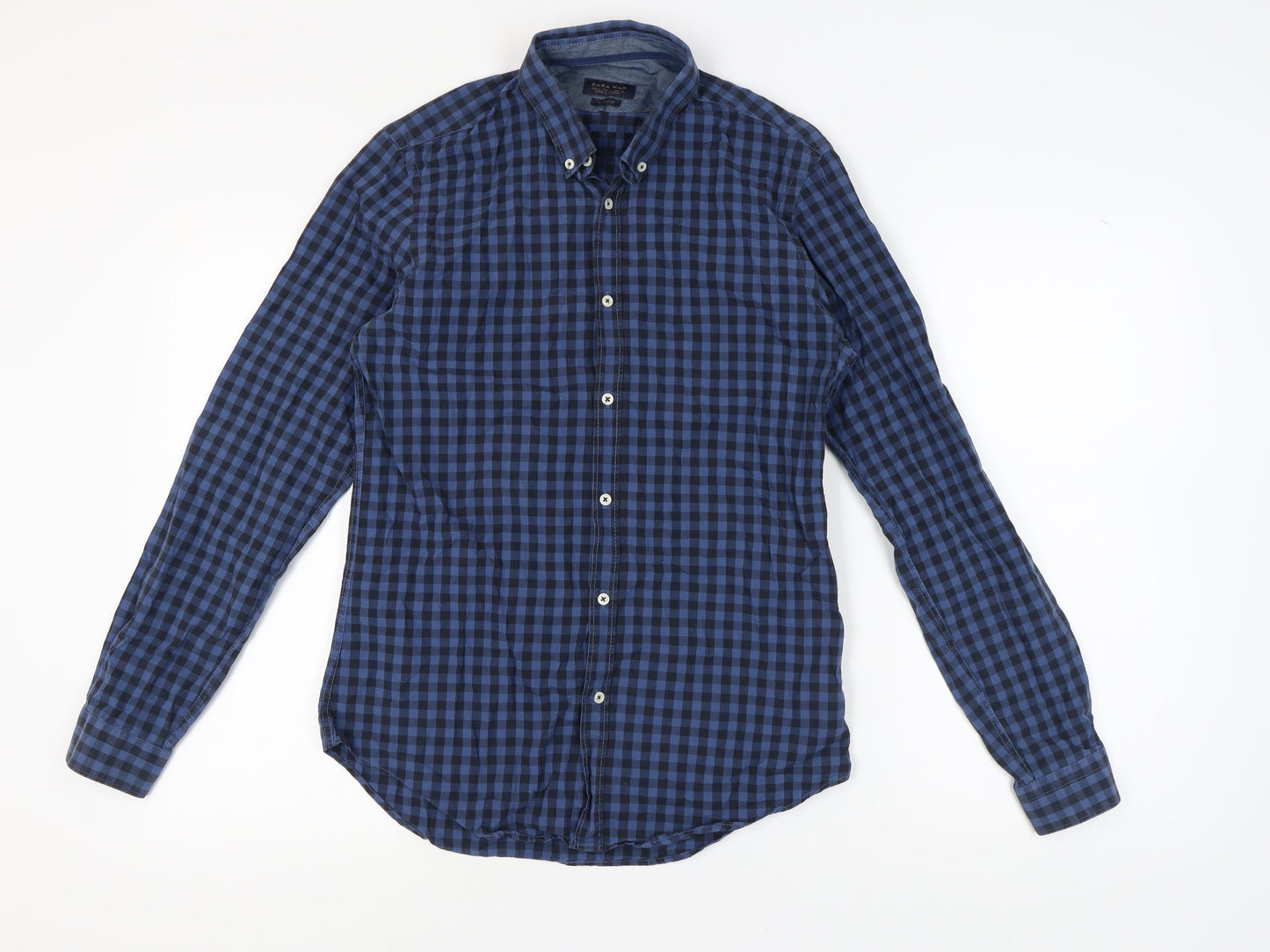 Zara Men's Blue Slim Fit Check Shirt - Medium