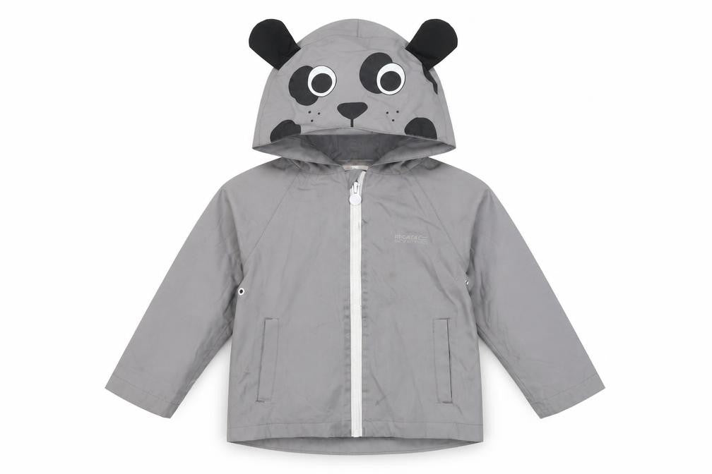 Front view of Regatta boys’ grey hooded rain coat 4 years