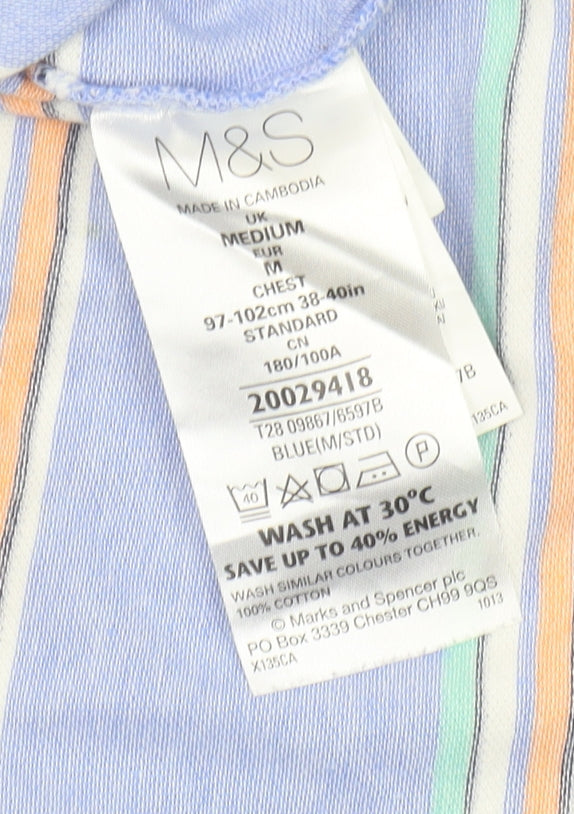 Marks and Spencer Men's Blue Striped Polo, M, Regular Fit