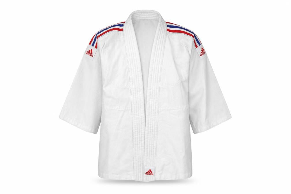 Front view of Adidas boys’ white martial arts jacket 9-10 years