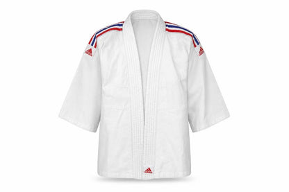 Front view of Adidas boys’ white martial arts jacket 9-10 years