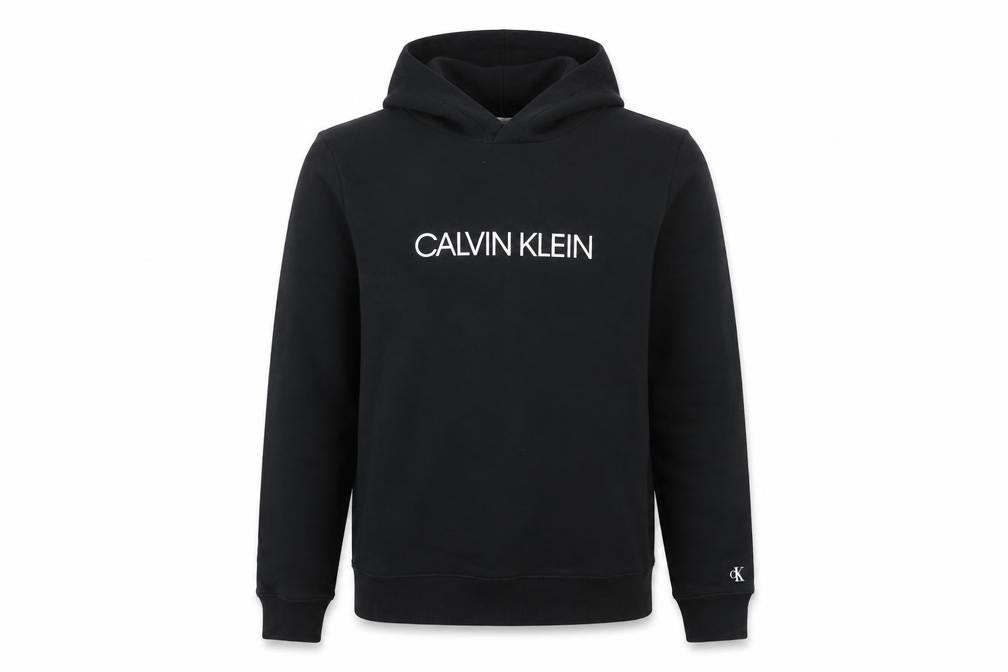 Front view of Calvin Klein boys’ black hoodie logo pullover 16 years